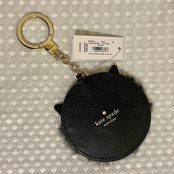 KATE SPADE Star Bright Cat Key Fob Bag Charm Black Leather Faux Fur NWT Retired - Picture 4 of 11